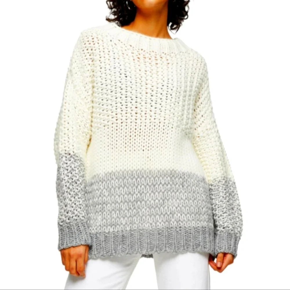 Topshop Contrast Panel Knit Sweater Grey Cream